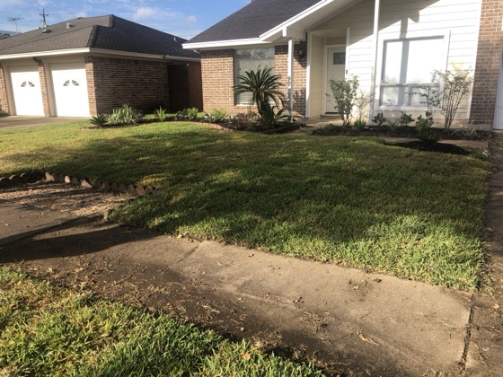 Fresh sod and landscaping beds at home entrance — AttarCo Homes roofing & remodeling project, Houston TX